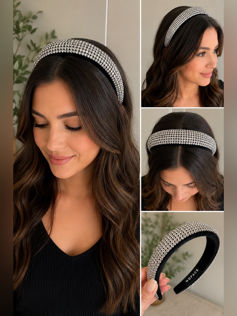 Nuface Crystal Rhinestone Padded Headband Black Velvet Sparkly Statement